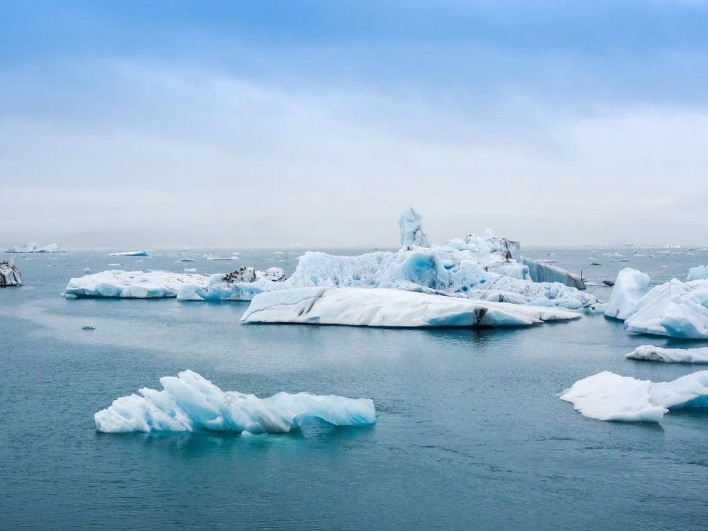 An array of blue and white icebergs spreads across the water beneath a cloudy sky, illustrating the visible effects of global warming on glacial ice.