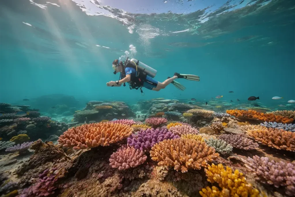 A scuba diver is gracefully hovering above a vibrant array of hard corals on a tropical reef, showcasing the beauty of coral reef ecosystems