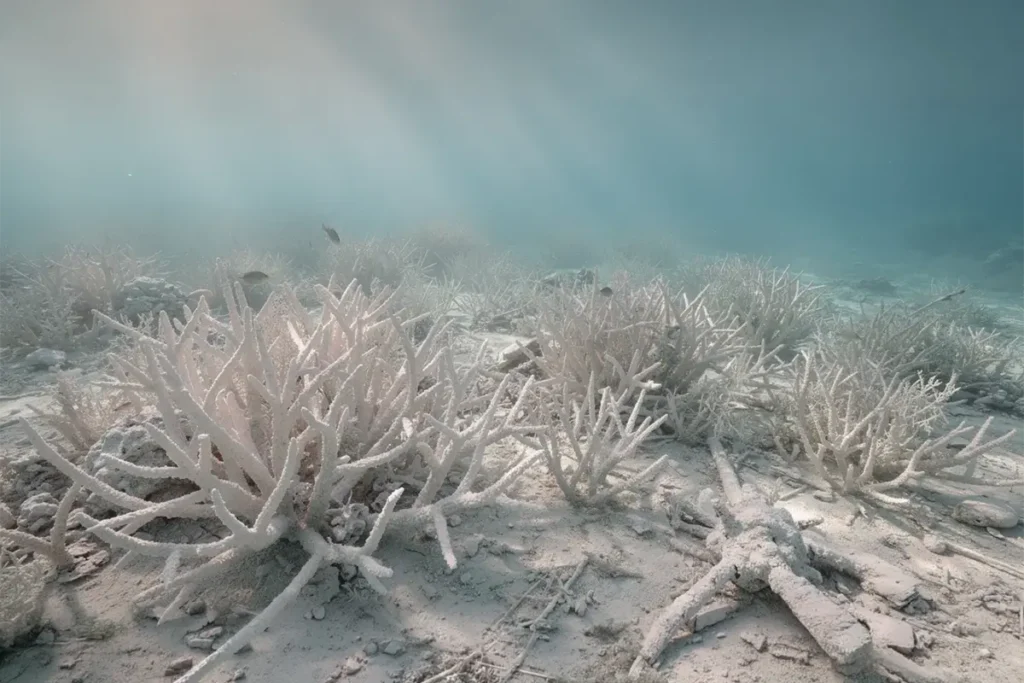 The image depicts a pale bleached coral reef underwater, showcasing white branching corals surrounded by a few small fish, highlighting the impact of climate change on coral reef ecosystems.