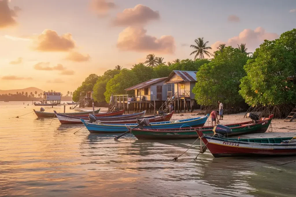 The image depicts a vibrant tropical coastal village at sunset
