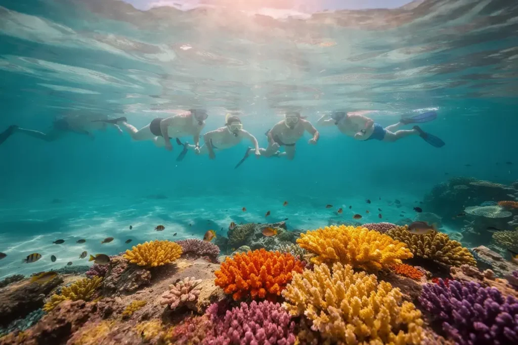The image depicts snorkelers gracefully floating above a vibrant coral reef, showcasing the stunning colors and intricate structures of coral reef ecosystems in clear turquoise tropical waters.